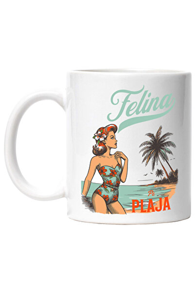 StoryGift Romania Cana Fata retro text felina pe plaja vacanta, 330ml, Cerami...