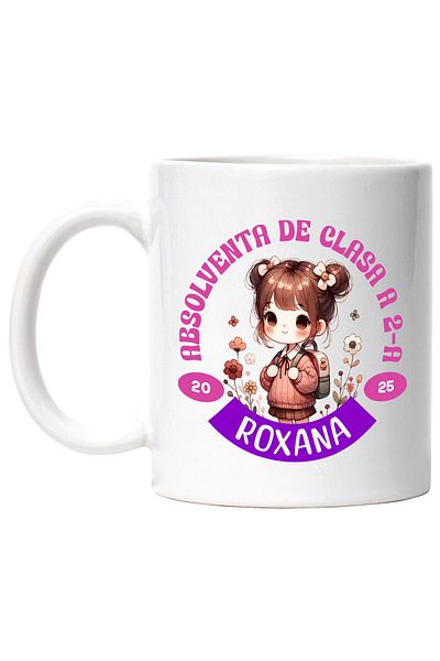 StoryGift Romania Cana cu Fata Scolarita Cu Breton Si Rucsac Text Absolvent De Clasa A 2 a Roxana , Cu Maner Alb STG