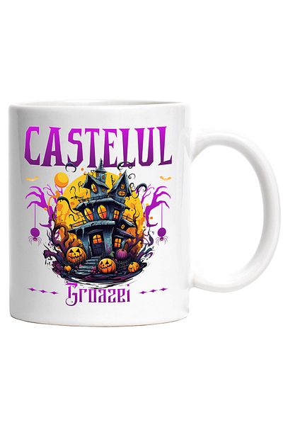 StoryGift Romania Cana Castelul groazei H4ALLowen film horror , 330ml, Ceramic cu Maner Alb, Cu Maner Alb STG
