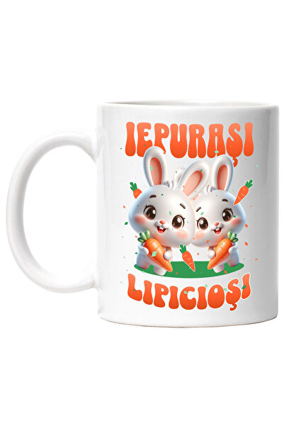 StoryGift Romania Cana Iepurasi Lipiciosi animal familie copil , 330ml, Ceramic cu Maner Alb, Cu Maner Alb STG