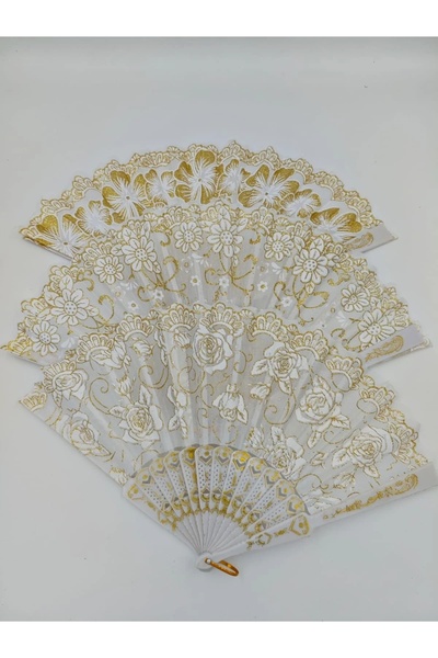 Zehra Aksesuar Altın simli desenli beyaz yelpaze
