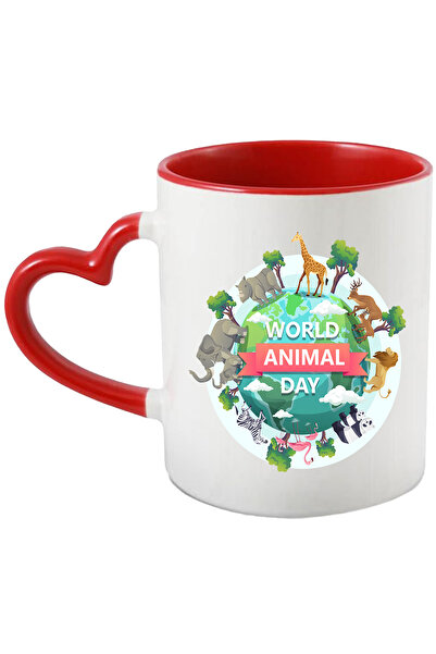 StoryGift Romania Cana Cu Mesaj In Engleza World Animal Day, Planeta, Zebra, Flamingo, Elefant, Pa, Cu Maner Inim STG