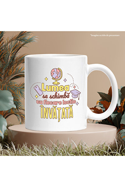 StoryGift Romania Cana lumea se schimba cu fiecare lectie invatata scoala, 330ml, Ceramic cu Maner, Cu Maner Alb STG
