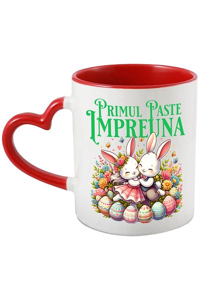 StoryGift Romania Cana cu Cuplu Fericit Iepuri Indragostiti Oua Colorate Paste, Flori Multicolor, , Cu Maner Inim STG