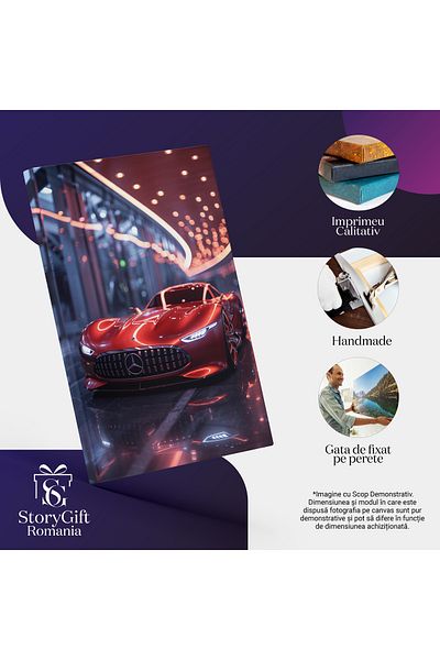 StoryGift Romania Tablou Canvas Cladire Cu Lumini Ambientale In Care Se Afla O Masina Spor Mercedes Rosu Cu Faru