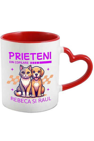 StoryGift Romania Cana cu Pisica Si Caine Portret Cuplu Animale Text Prieteni Din Copilarie Rebeca, Cu Maner Inim STG