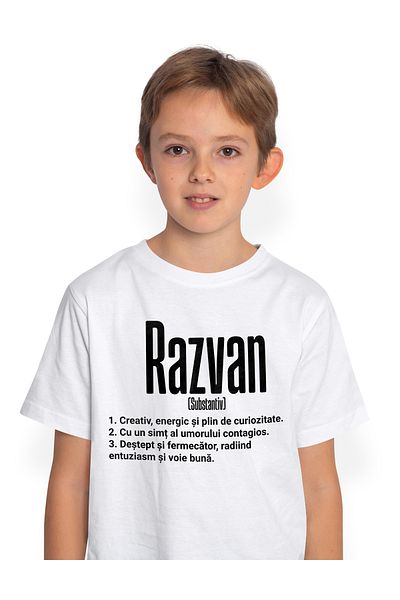 StoryGift Romania Tricou Copii Baieti Cu Numele Razvan, Cu Mesaj Motivational, Creativ, Energic, Curios, Des