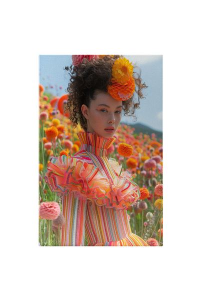 StoryGift Romania Tablou Canvas Dahlia Flori Rare In Camp, Fata Cu Rochie Lun...