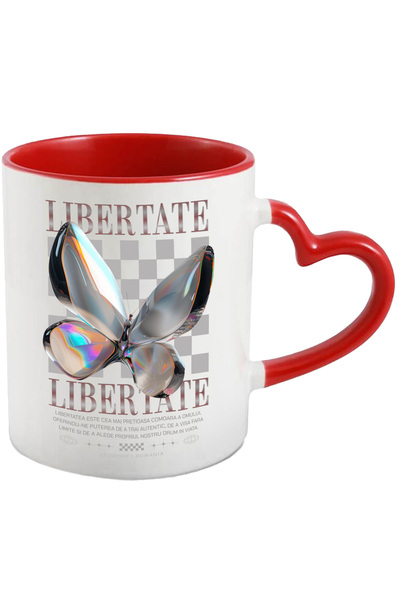 StoryGift Romania Cana LIBERTATE, 330ml, Ceramica cu Maner Inima Rosie, Cu Ma...