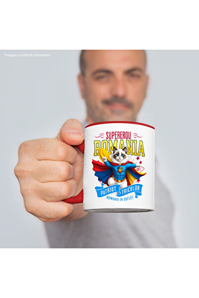 StoryGift Romania Mug with Ragdoll Cat in Captain Romania Costume with Cape, Night Hero, D, with Red Handle STG
