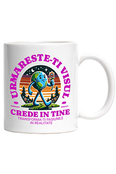 StoryGift Romania Cana cu Pamant Mergator Floare Rosie Text Urmareste-ti Visu...