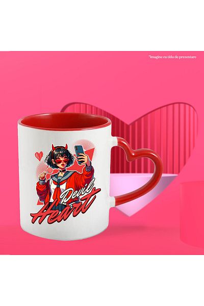 StoryGift Romania Mug with Anime Style Girl with Lollipop and Selfie Text in English Devil Heart, C, Cu,STG.