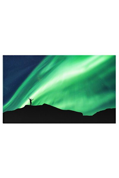 StoryGift Romania Tablou Canvas Alpinist Pe Varful Unui Munte Cu Aurora Borea...