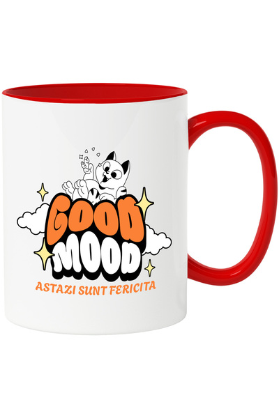 StoryGift Romania Cana cu Pisica Vesela Text Astazi Sunt Fericita, Animal Blanos, Copii, Distracti, Cu Maner Rosu STG