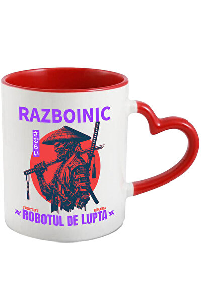 StoryGift Romania Cana cu Portret Profil Razboi Robot Cu Palarie Stil Samurai Ninja Text Razboinic, Cu Maner Inim STG