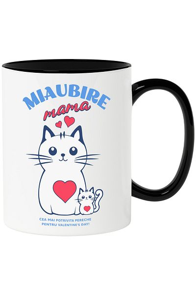 StoryGift Romania Cana Miaubire mama pisica si motani valentine's day, 330ml, Ceramica cu Maner Ne, Cu Maner Negru STG
