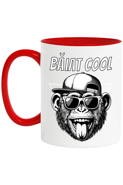 StoryGift Romania Cana Gorila cu ochelari si sapca text Băiat Cool, 330ml, Ceramic cu Maner Rosu, Cu Maner Rosu STG