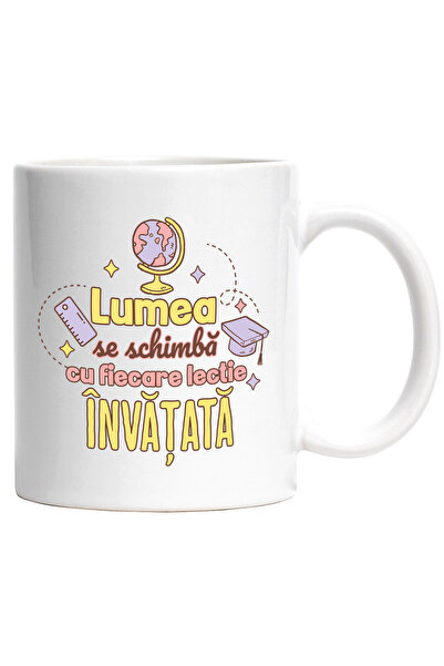 StoryGift Romania Cana lumea se schimba cu fiecare lectie invatata scoala, 330ml, Ceramic cu Maner, Cu Maner Alb STG