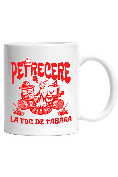 StoryGift Romania Cana petrecere la foc de tabara, camping, aventura, 330ml, Ceramic cu Maner Alb, Cu Maner Alb STG