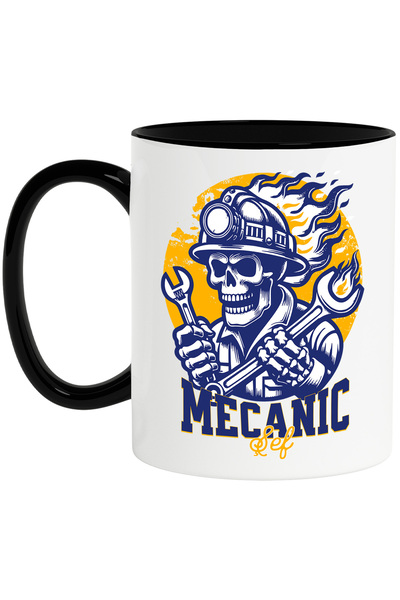 StoryGift Romania Cana Schelete cu Casca in Flacari Text Mecanic priceput, 330ml, Ceramica cu Mane, Cu Maner Negru STG