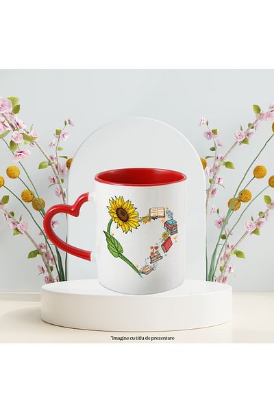 StoryGift Romania Mug with many books and sunflowers forming a heart, book, illustration, With ,STG