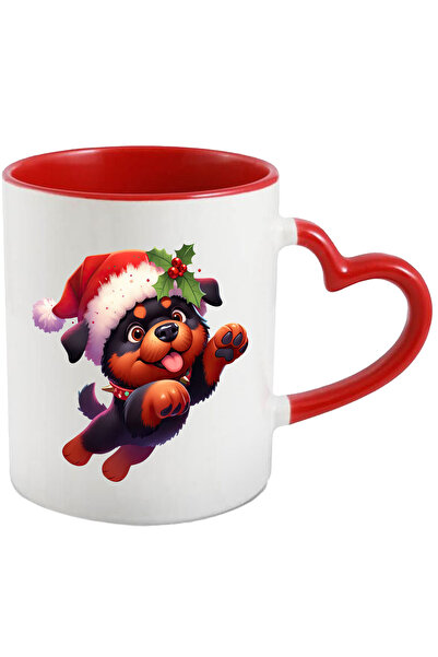 StoryGift Romania Cana cu un catel Rottweiler care poarta o caciula de Craciu...