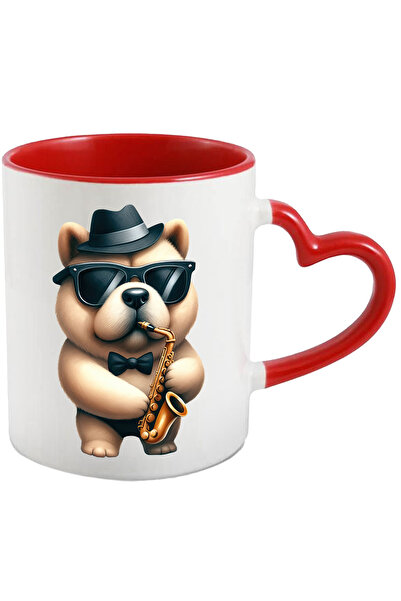 StoryGift Romania Cana cu un catel cu palarie si ochelari care canta la saxofon | ilustratie | pap, Cu Maner Inim STG