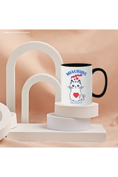 StoryGift Romania Cana Miaubire mama pisica si motani valentine's day, 330ml, Ceramica cu Maner Ne, Cu Maner Negru STG