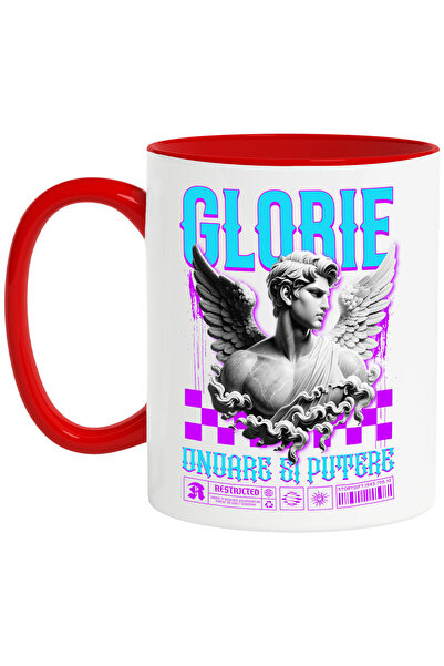 StoryGift Romania Cana cu Bust Statuie Barbat Cu Aripi Text Glorie Onoare Si Putere, Ceramica, 330, Cu Maner Rosu STG