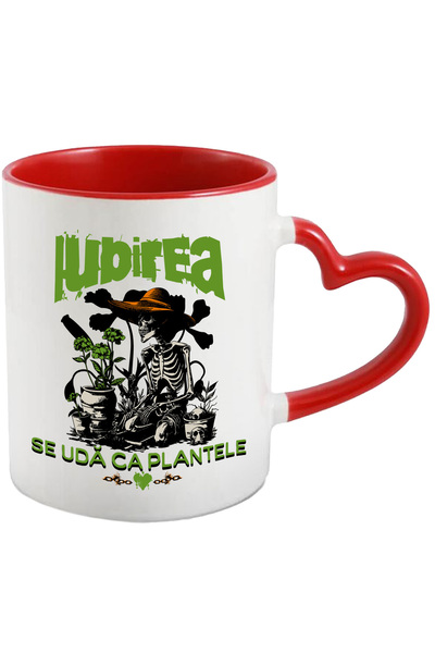 StoryGift Romania Cana schelete gradinar, iubirea se uda ca plantele, 330ml, Ceramica cu Maner Ini, Cu Maner Inim STG