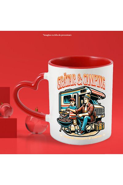 StoryGift Romania Mug Barbecue and camping father son family caravan, 330ml, Ceramic with Heart Handle, With,STG
