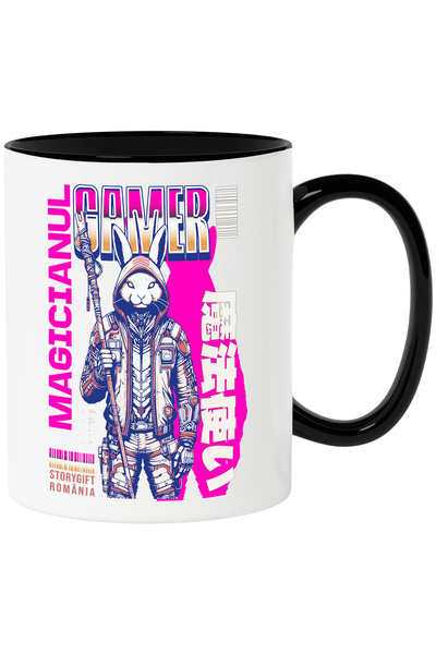 StoryGift Romania Cana Gamer magician iepure razbonic ninja joc video, 330ml, Ceramica cu Maner Ne, Cu Maner Negru STG