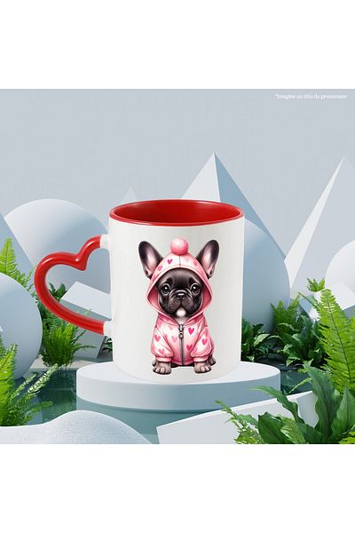 StoryGift Romania Mug with a sad puppy wearing a heart sweatshirt | illustration | apre, Cu,STG.