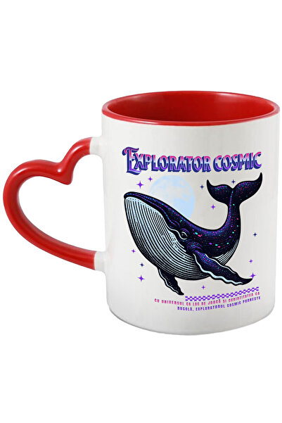 StoryGift Romania Cana Balena in spatiu mov Explorator cosmic, 330ml, Ceramica cu Maner Inima Rosi, Cu Maner Inim STG