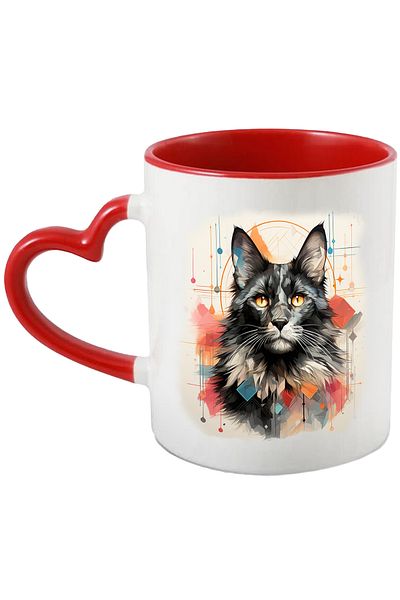 StoryGift Romania Cana Cu Pisica, Cub, Ilustratie, Geometric, Cerc, Dungi, Multicolor 330 ml, Cera, Cu Maner Inim STG
