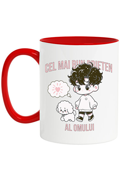 StoryGift Romania Cana Copil cu caine puddle plimbandu-se mesaj CEL MAI BUN PRIETEN, 330ml, Cerami, Cu Maner Rosu STG