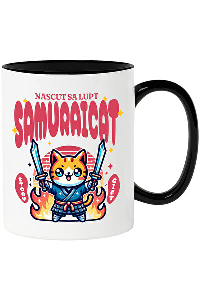 StoryGift Romania Cana cu Pisica Portocalie Cu Costum Samurai Sabii Ninja Text Nascut Sa Lupt Samu, Cu Maner Negru STG
