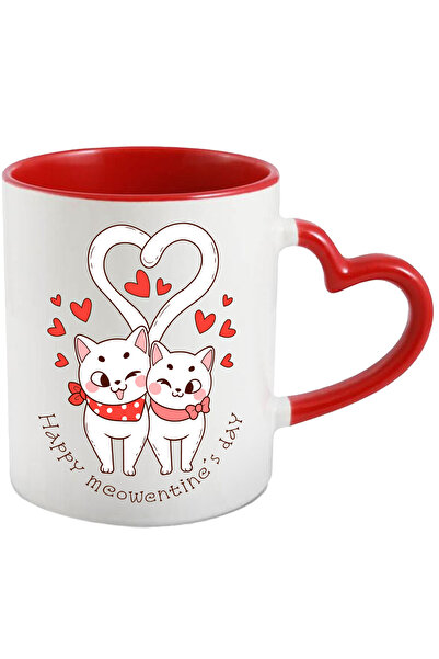StoryGift Romania Cana cu 2 pisici care se iubesc cu mesajul "Happy meowentine's day", inimioare, , Cu Maner Inim STG