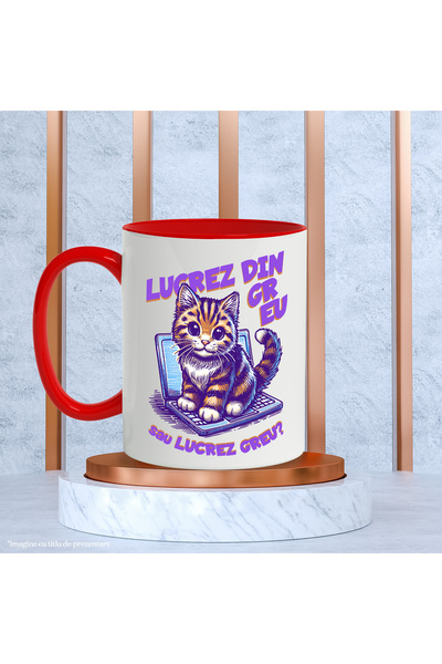 StoryGift Romania Laptop Cat Mug with funny message _I work hard_, 330ml, Ceramic with Red Handle, With ,STG