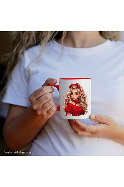 StoryGift Romania Mug with a beautiful face | blonde | red blouse | | bow | serious | 33, Cu ,STG