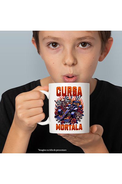 StoryGift Romania Cana cursa mortala schelete campion formula 1 viteza, 330ml, Ceramic cu Maner Al, Cu Maner Alb STG