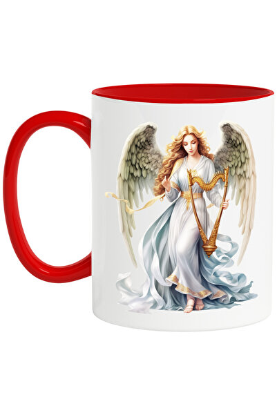 StoryGift Romania Cana cu o femeie cu aripi de inger | ilustratie | tine o harpa | instrument muzi, Cu Maner Rosu STG