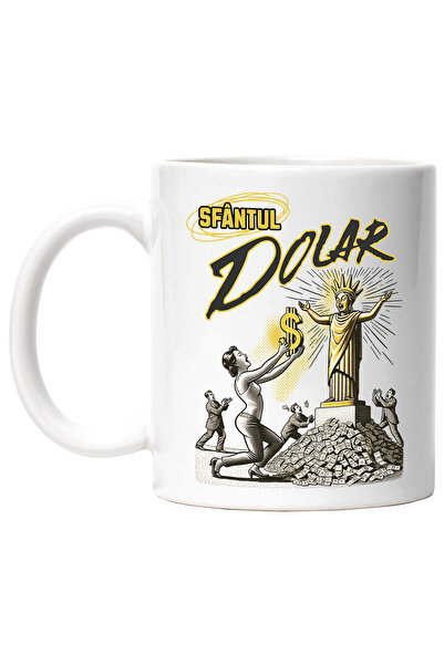 StoryGift Romania Cana statuie sfantul dolar bani iubitorii de avere, 330ml, Ceramic cu Maner Alb, Cu Maner Alb STG