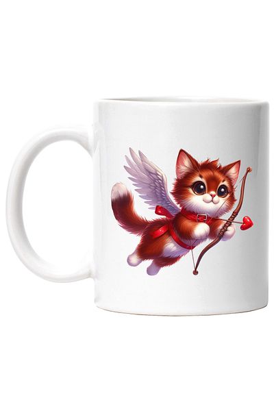StoryGift Romania Cana cu o pisicuta vesela care trage cu arcul | Valentine's Day | aripi | zboara, Cu Maner Alb STG