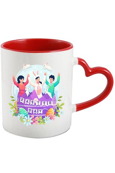 StoryGift Romania Cana Cu Mesaj In Engleza Easter Day, Paste, Iepuri, Costum, Oua, Flori, Multicol, Cu Maner Inim STG