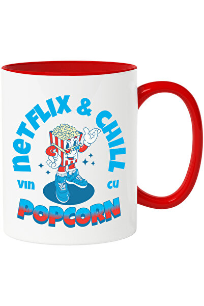 StoryGift Romania Cana cu Punga Popcorn Cu Ochelari 3D Adidasi albastri Film Cinema text Netflix &, Cu Maner Rosu STG