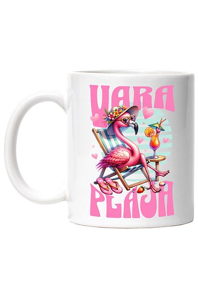 StoryGift Romania Famingo Pink Pasha Mug With Floral Hat Cocktail Relaxation Text Summer Beach, C, With White Handle STG