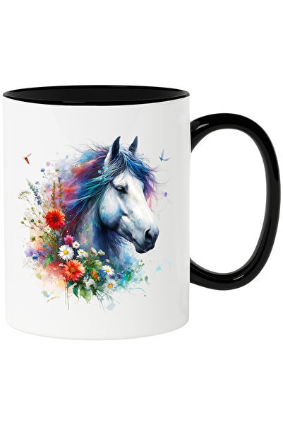 StoryGift Romania Cana cu un cal | ilustratie | flori | plante | abstract | animal domestic | echi, Cu Maner Negru STG