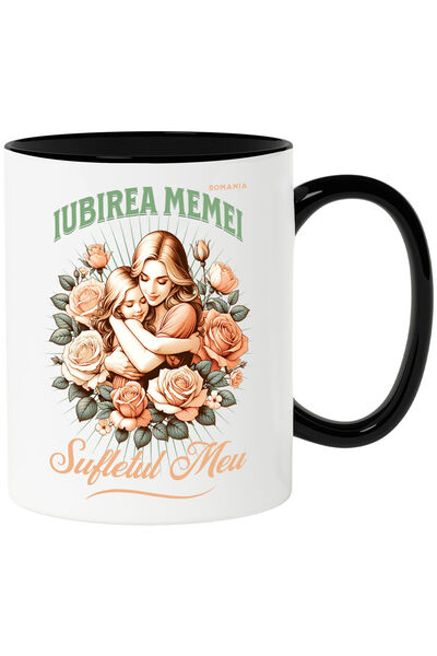 StoryGift Romania Cana cu Mama Si Fata Flori Trandafiri Roz Text Iubirea Mamei Suflet Meu, Ceramic, Cu Maner Negru STG