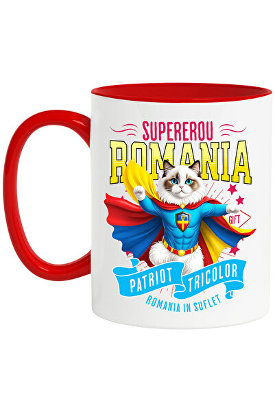 StoryGift Romania Mug with Ragdoll Cat in Captain Romania Costume with Cape, Night Hero, D, with Red Handle STG